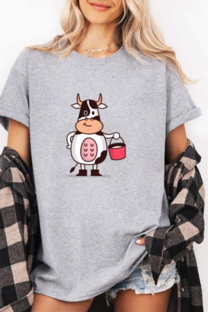 Cow Holding Milk Bucket Cartoon T-Shirt