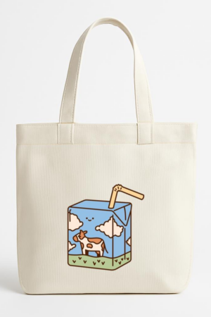 Cute Milk Carton Illustration With Cow And Clouds Canvas Tote Bag