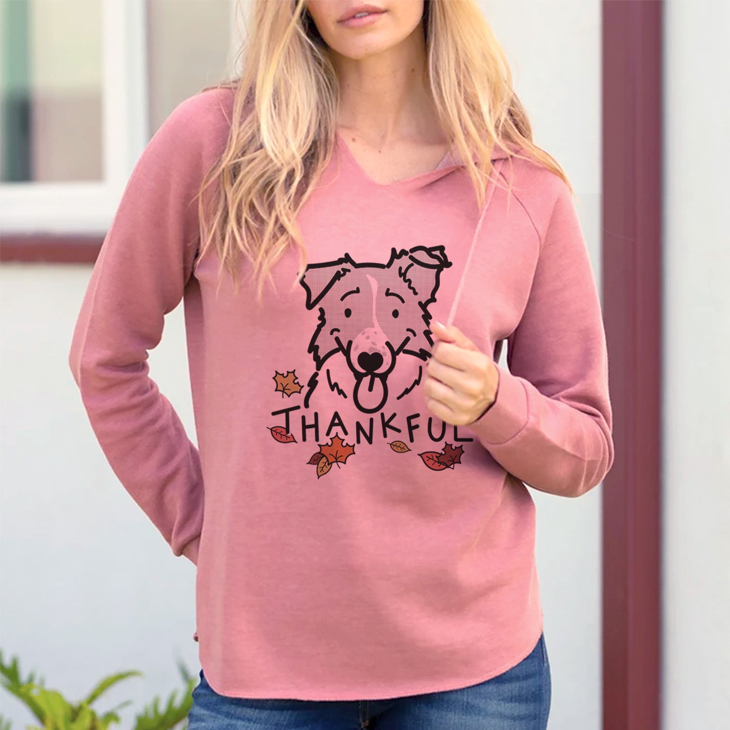 Wave Wash Hooded Sweatshirt - Thankful Border Collie Graphic - Cozy Womens Pullover