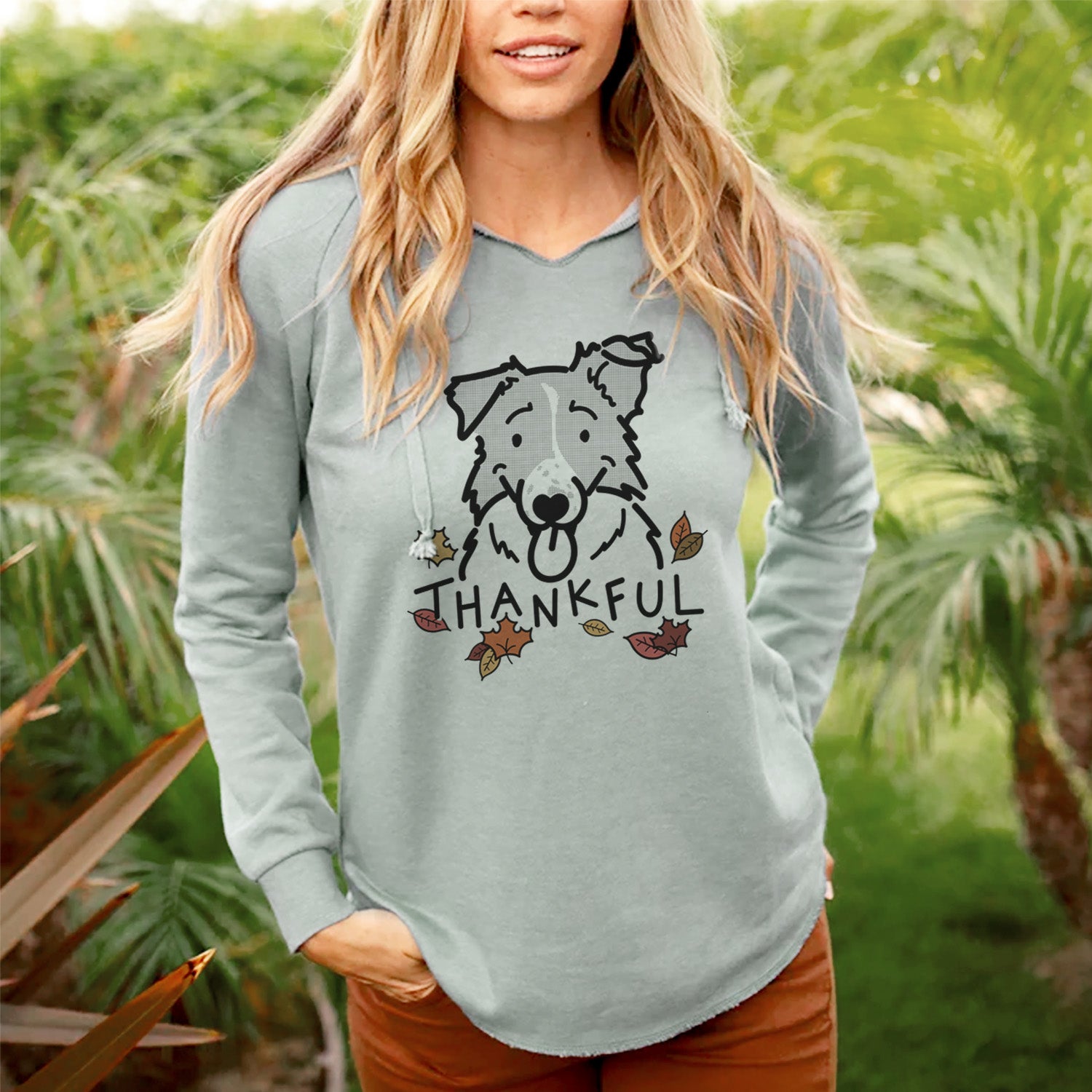 Wave Wash Hooded Sweatshirt - Thankful Border Collie Graphic - Cozy Womens Pullover