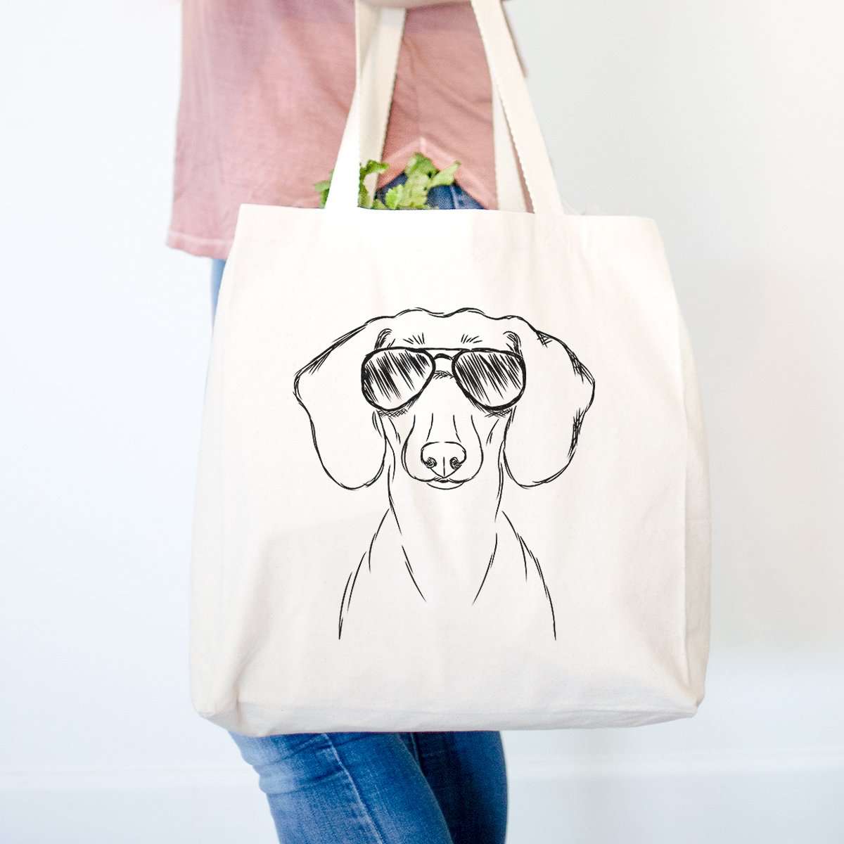 Dachshund Print Cotton Tote Bag - Beige Color