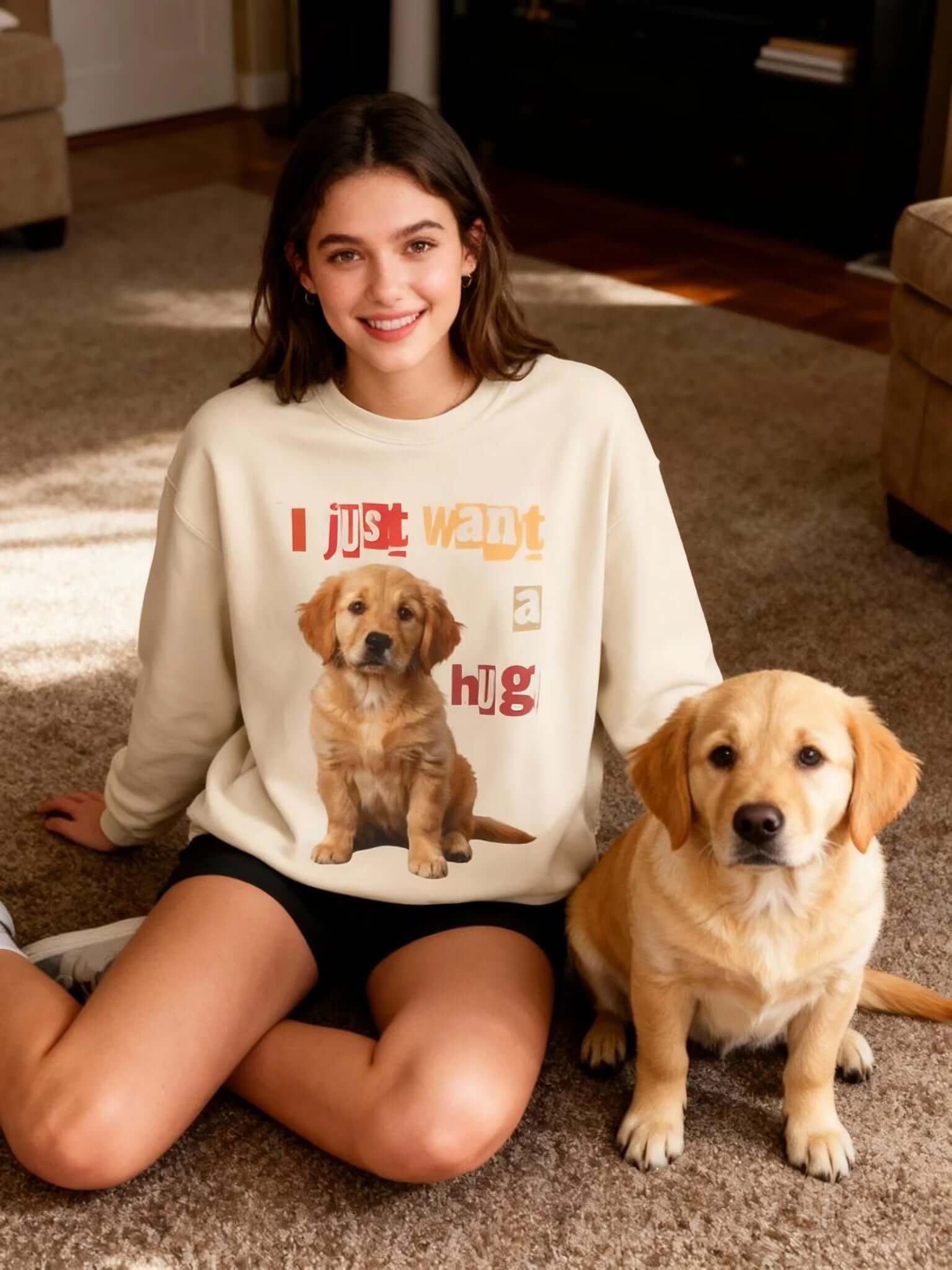 Cute Dog Hug Print Unisex Crewneck Sweatshirt