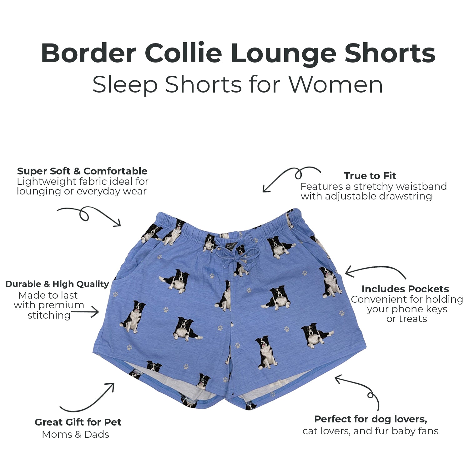 Border Collie Womens Dog Print Lounge Shorts