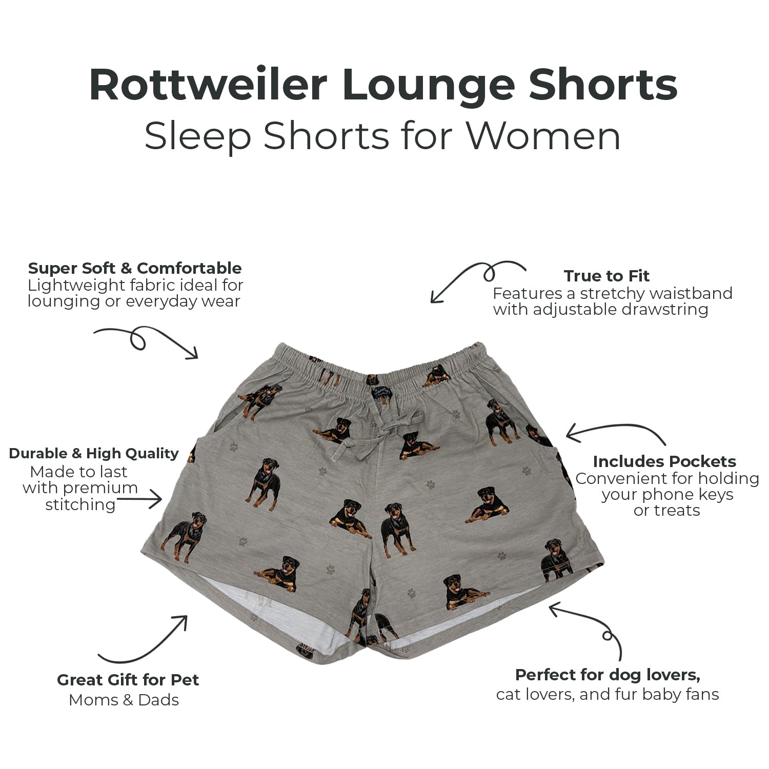 Comfy Rottweiler Print Womens Lounge Shorts - Dog Lover Gift