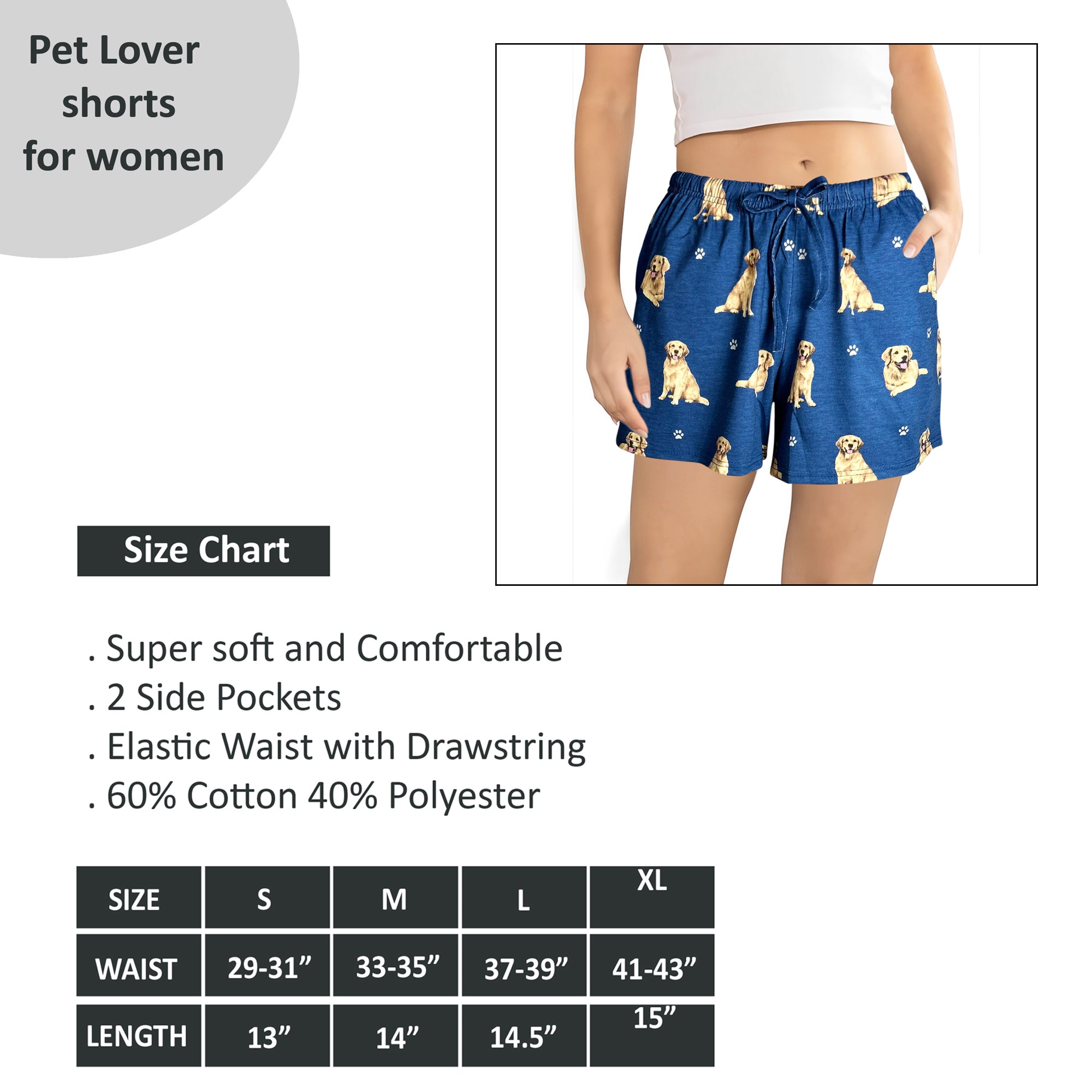 Golden Retriever Print Womens Dog Shorts - Summer Loungewear
