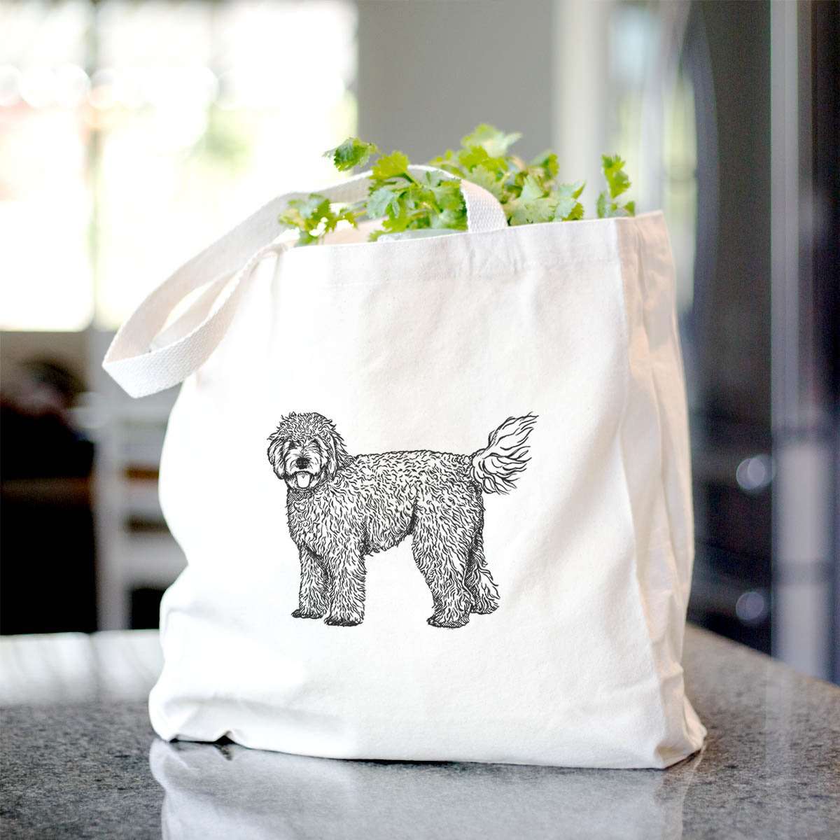 Beige Cotton Canvas Tote Bag with Golden Doodle Print