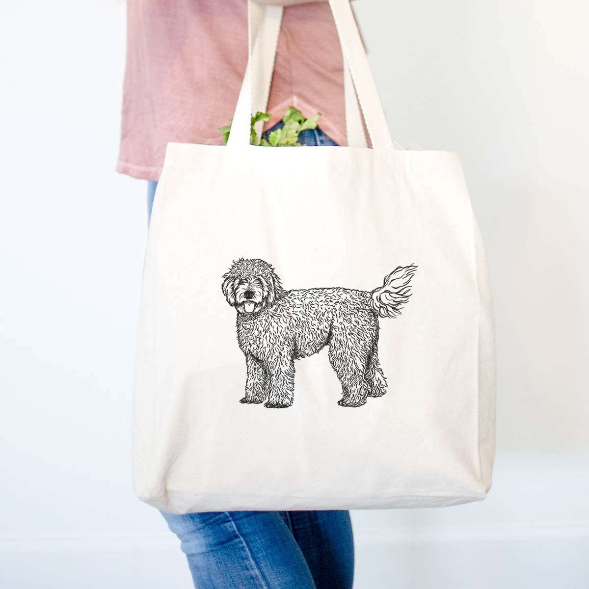 Beige Cotton Canvas Tote Bag with Golden Doodle Print