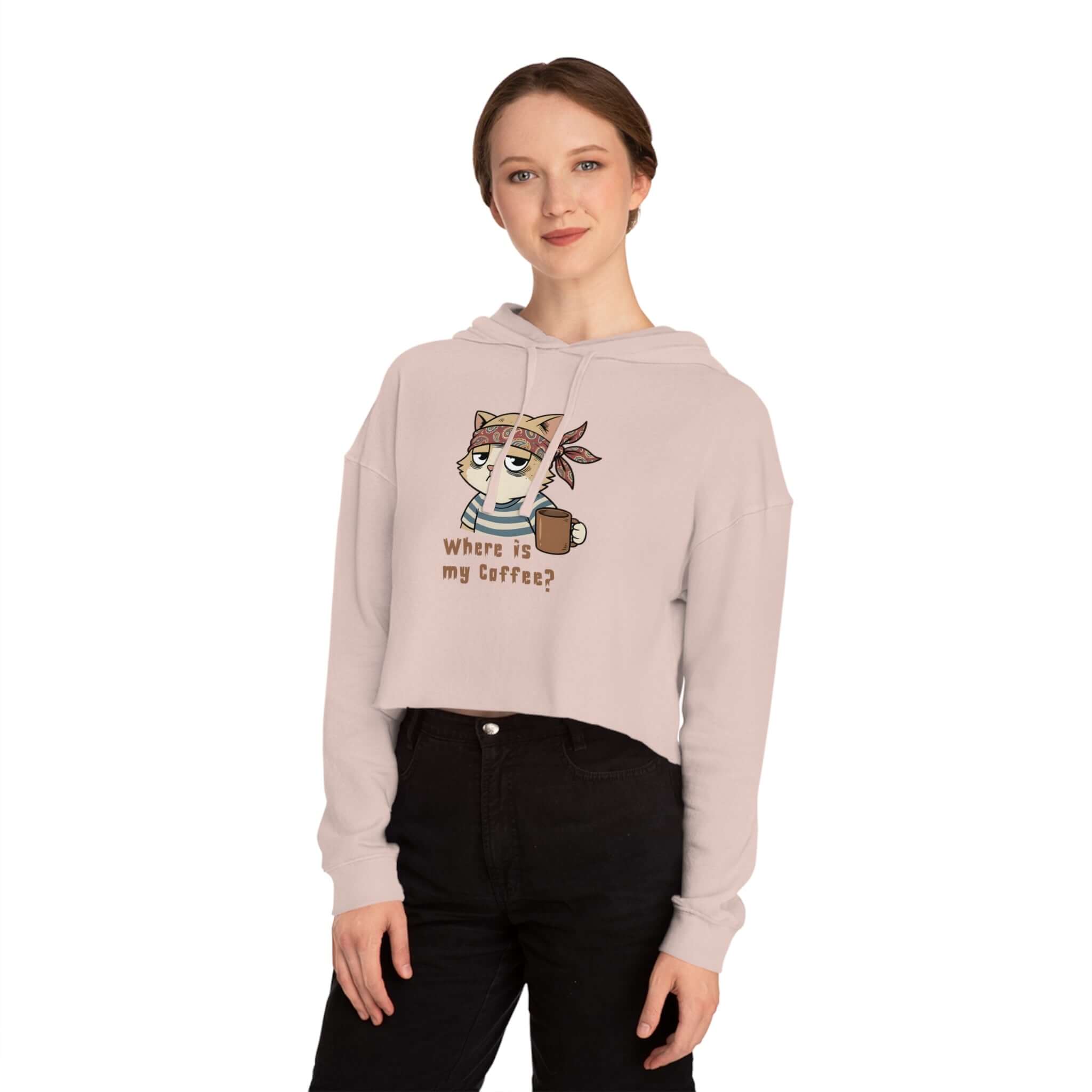 Kitten Printed Womens Cropped Hoodie in Skylight Pink