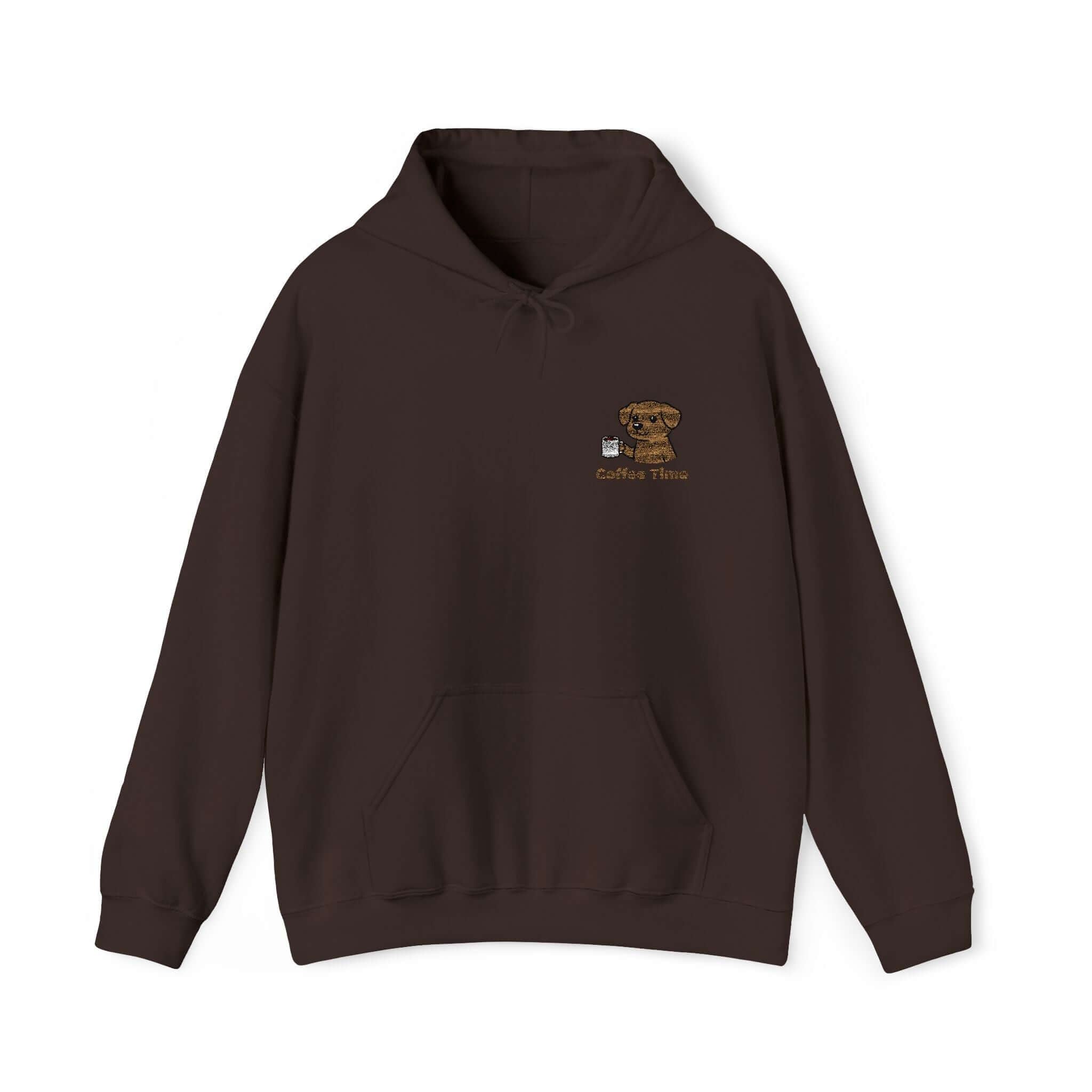 Coffee Time Dog Embroidered Pullover Hoodie - Unisex Style