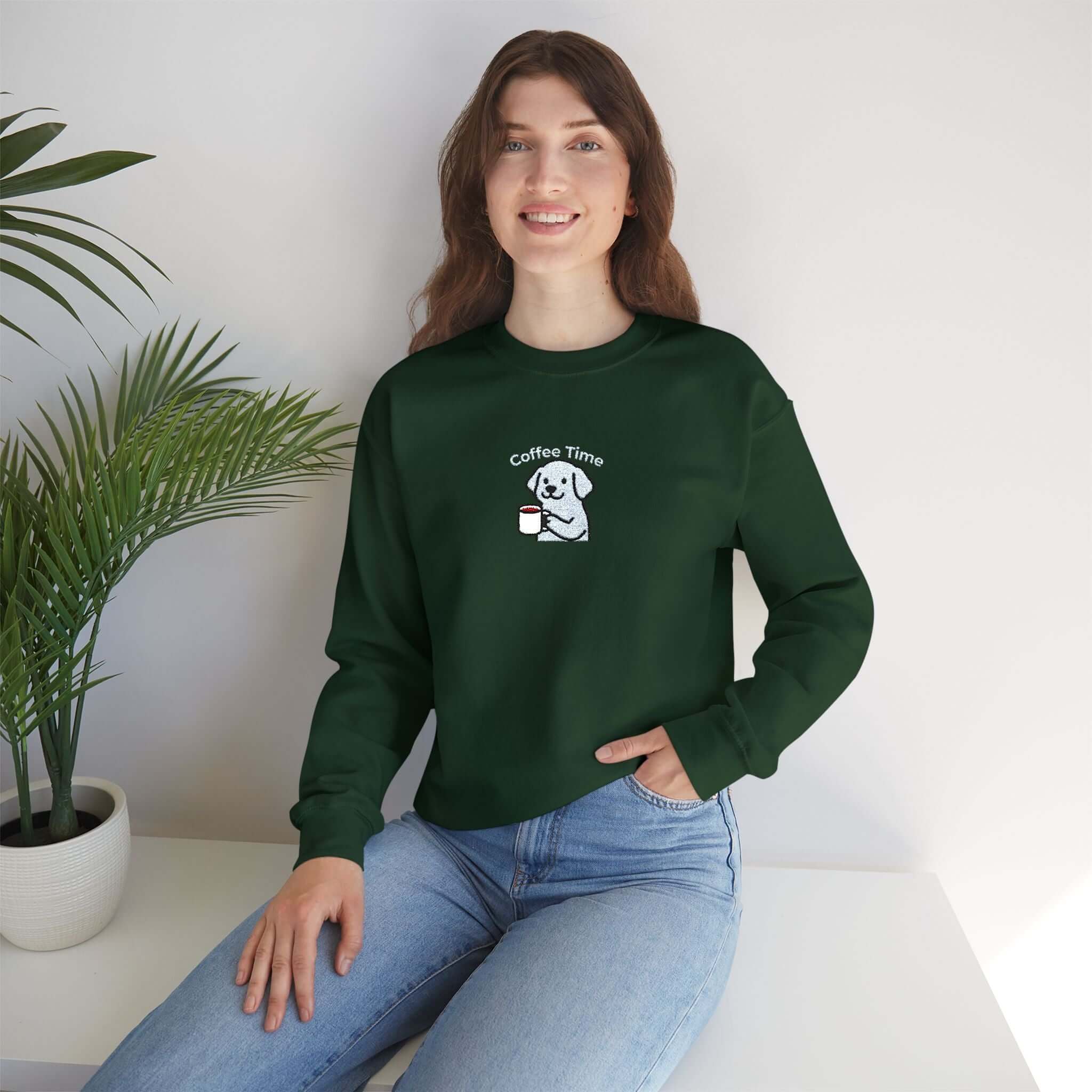 Playful Coffee Time Dog Embroidered Crewneck Sweatshirt