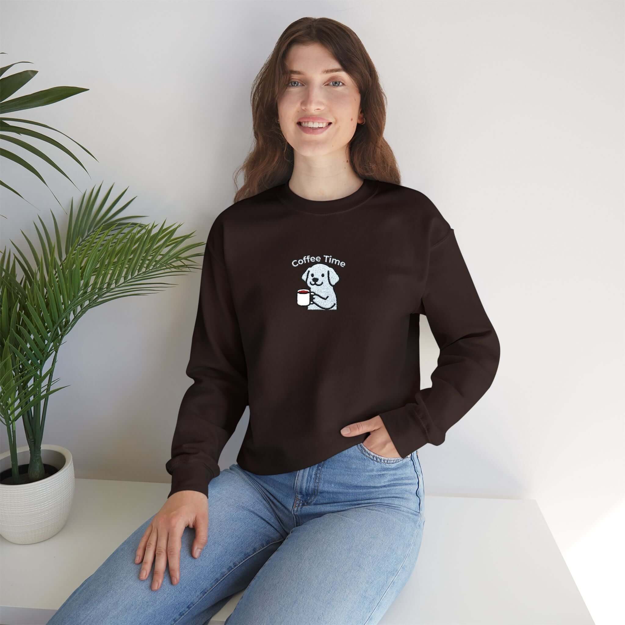 Playful Coffee Time Dog Embroidered Crewneck Sweatshirt