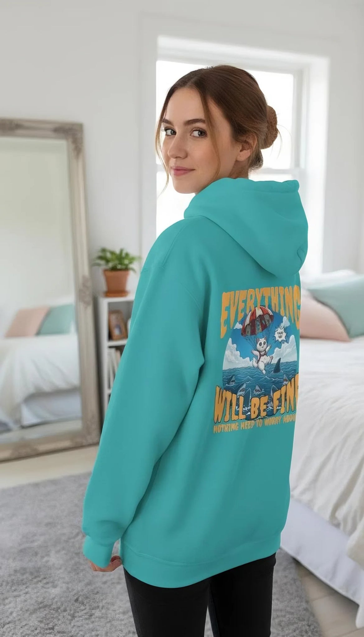 Cartoon Cat Unisex Pullover Hoodie - Cozy Vintage-Inspired Landscape Hooded Sweatshirt