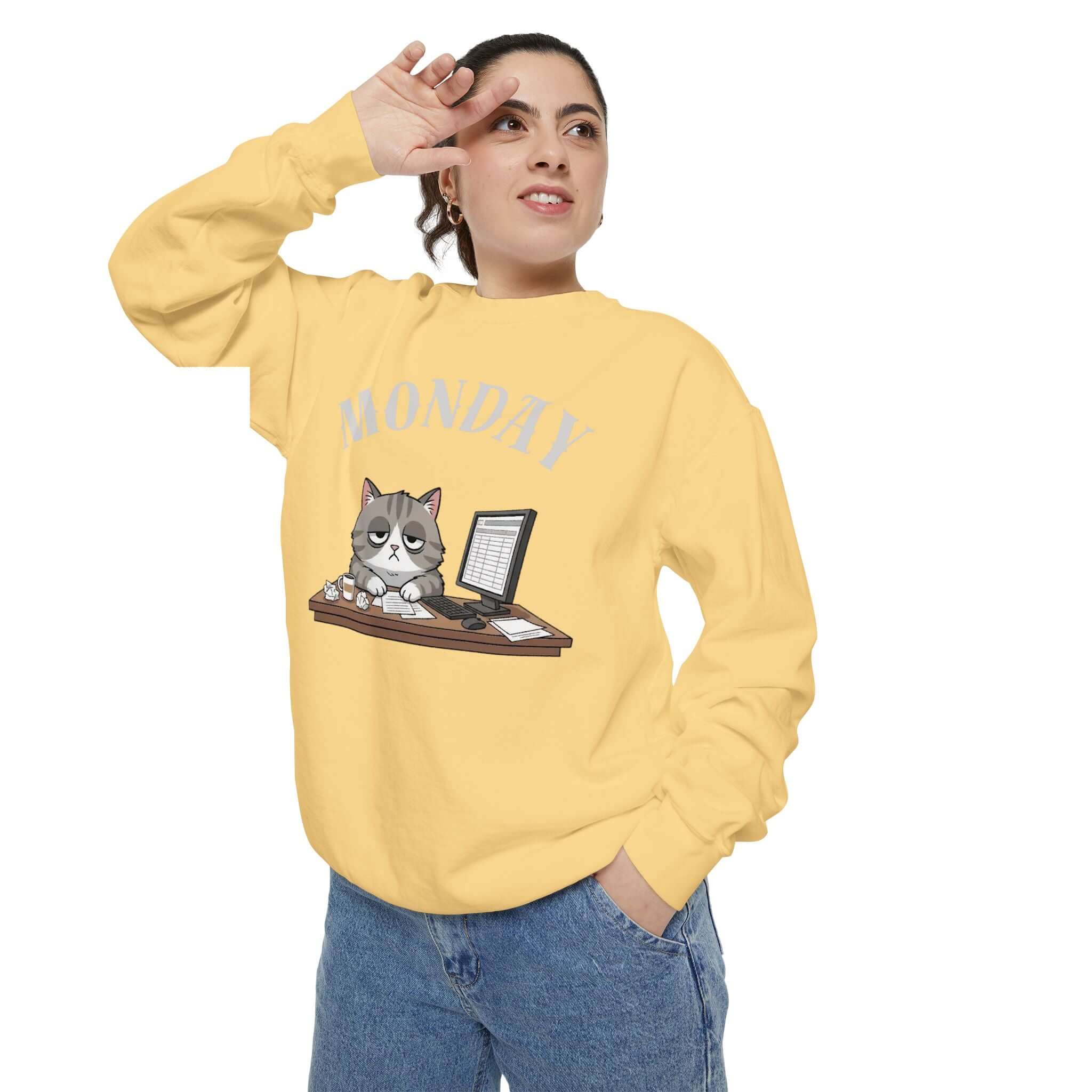 Monday Cat Face Unisex Crewneck Sweatshirt in Cheerful Colors