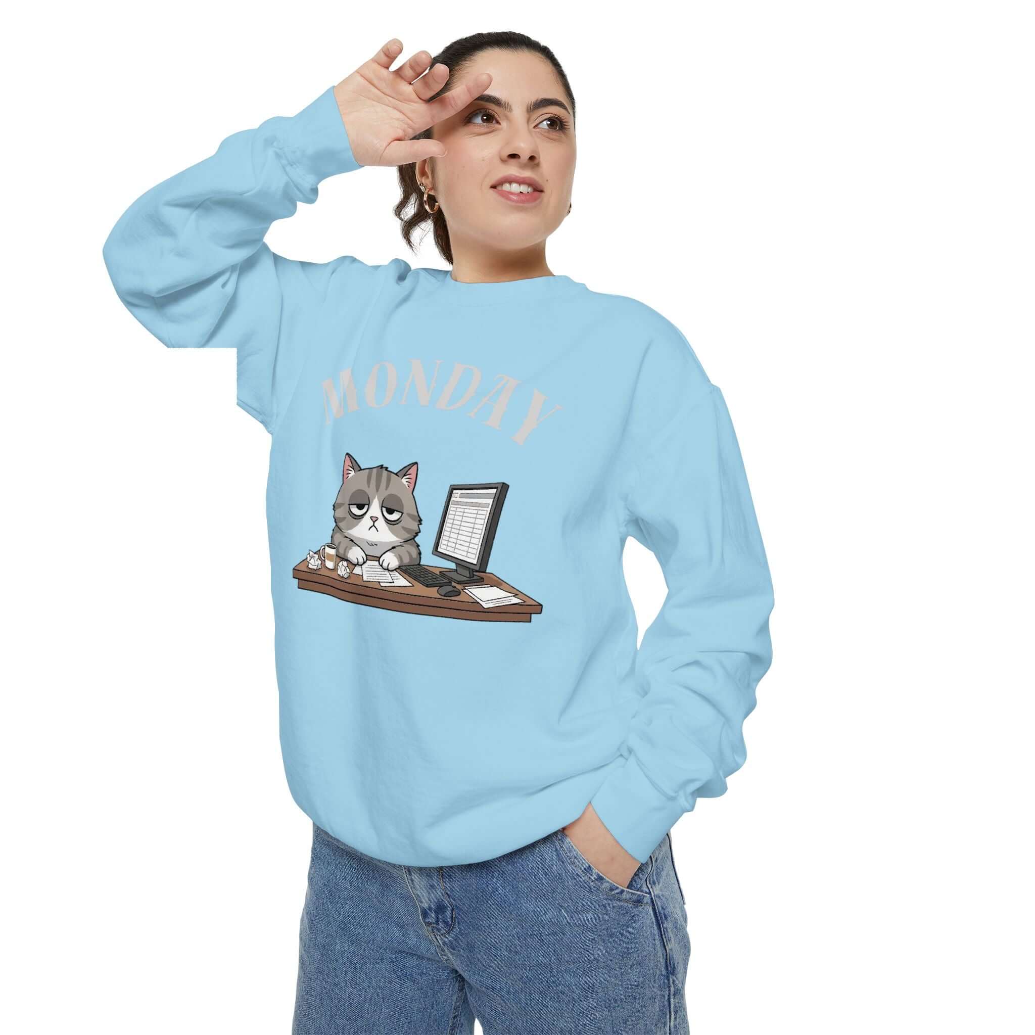 Monday Cat Face Unisex Crewneck Sweatshirt in Cheerful Colors