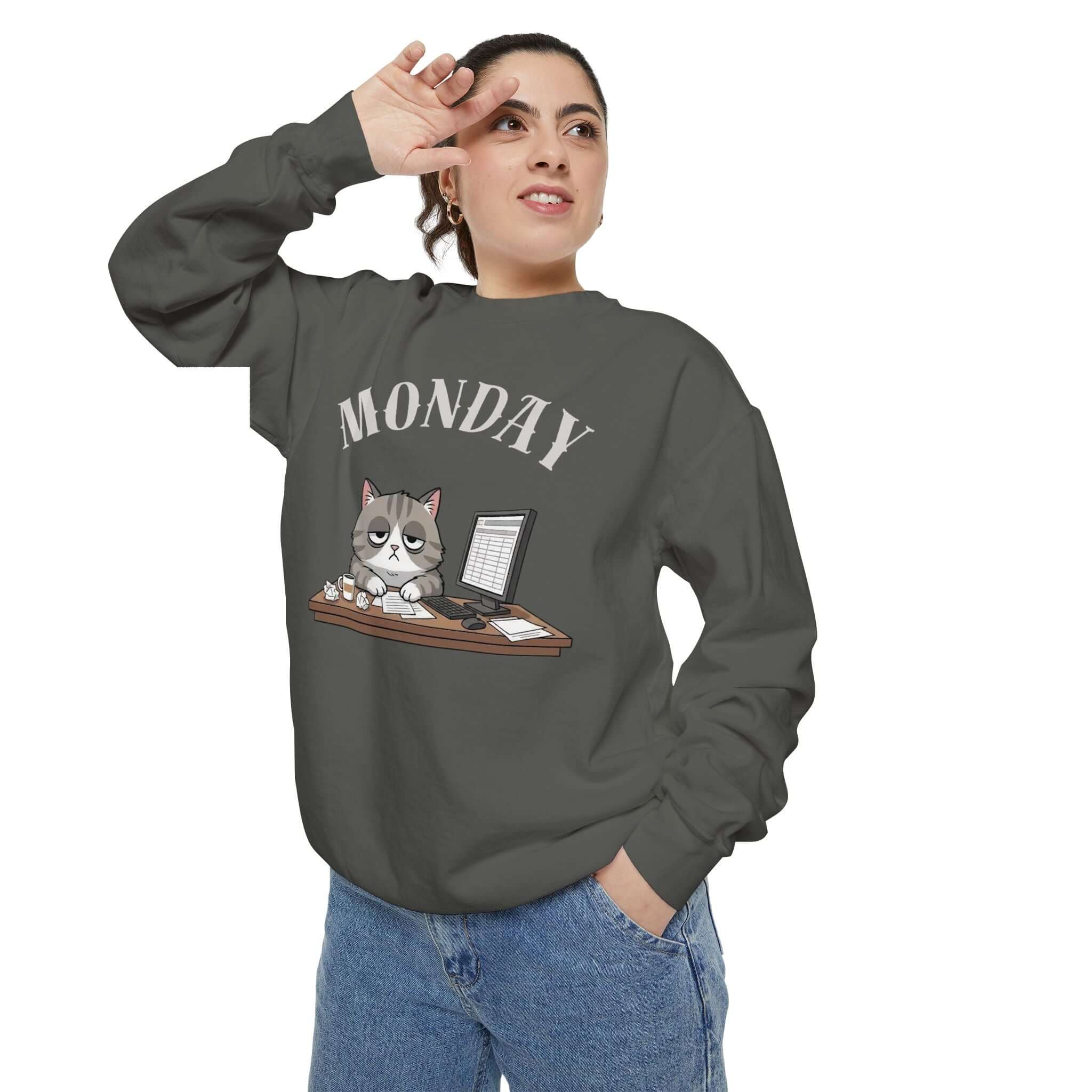 Monday Cat Face Unisex Crewneck Sweatshirt in Cheerful Colors