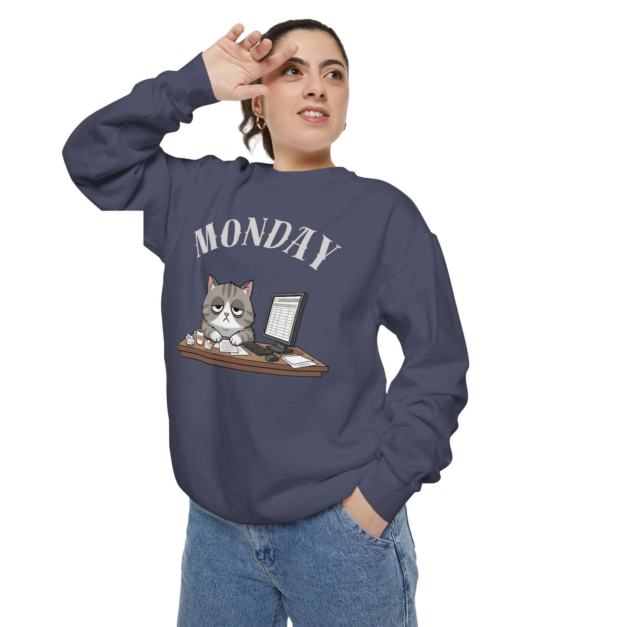 Monday Cat Face Unisex Crewneck Sweatshirt in Cheerful Colors