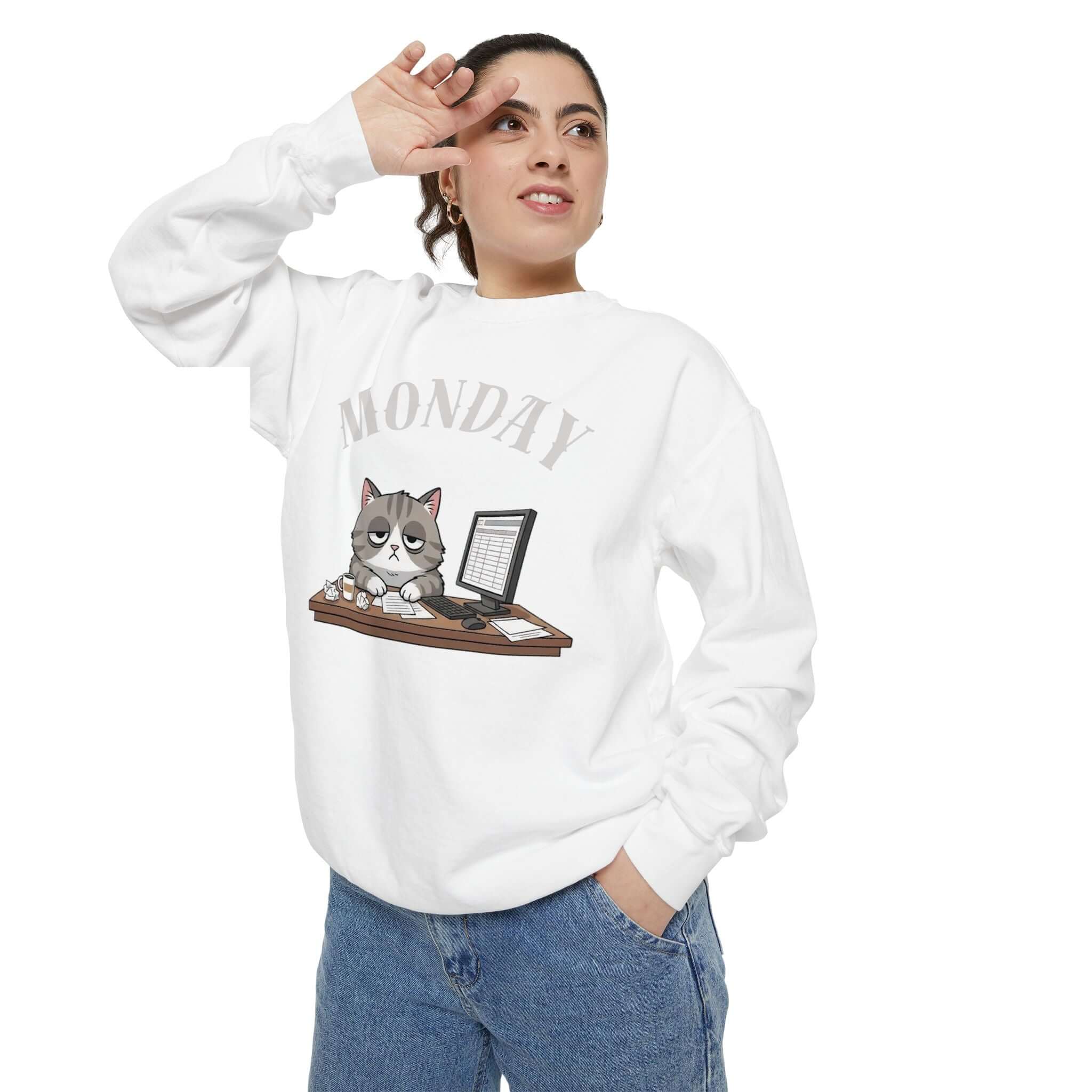Monday Cat Face Unisex Crewneck Sweatshirt in Cheerful Colors