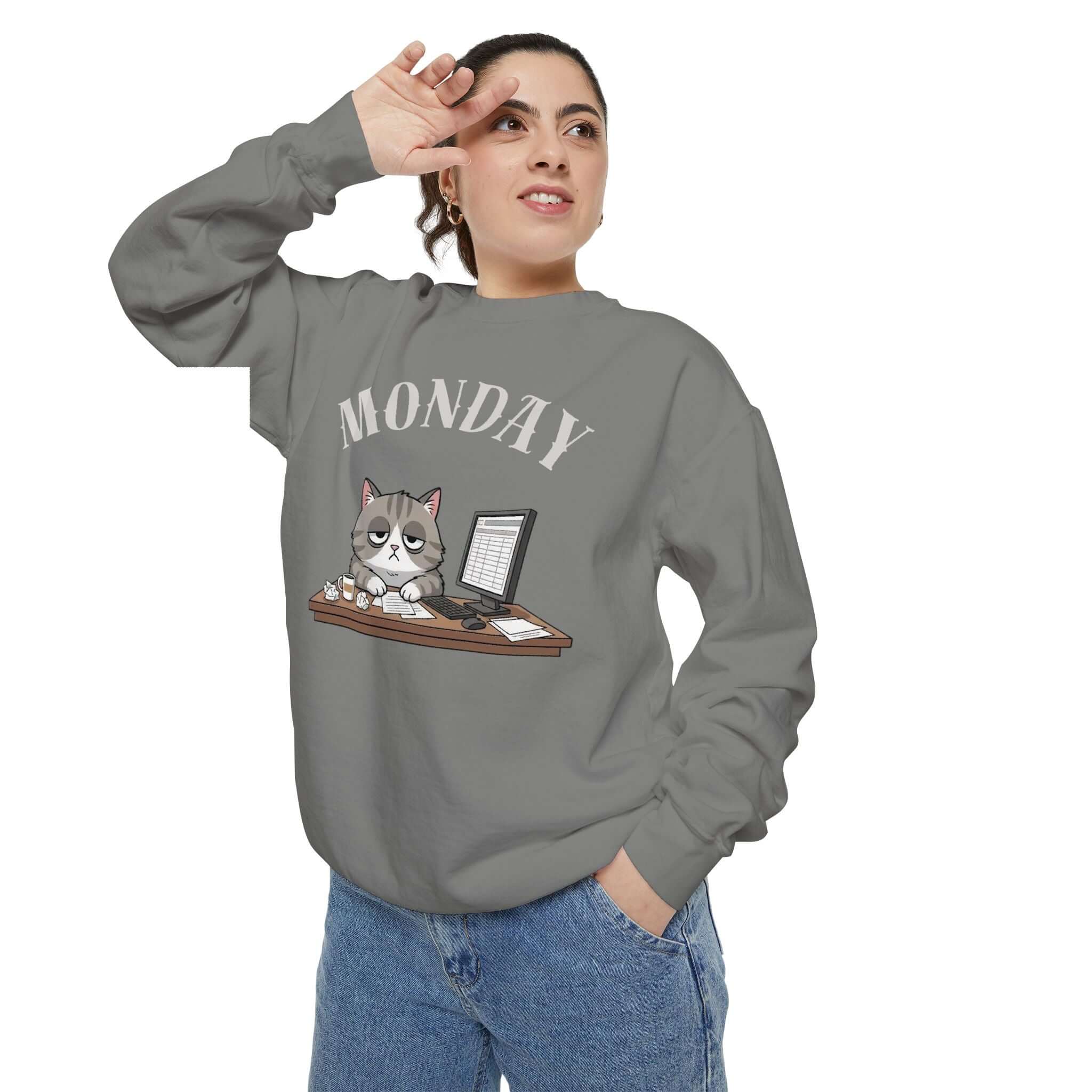 Monday Cat Face Unisex Crewneck Sweatshirt in Cheerful Colors