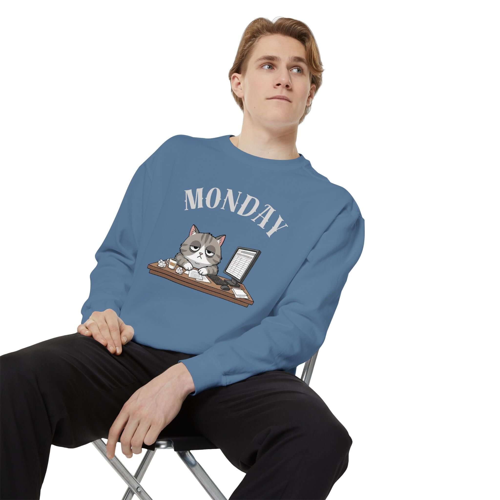 Monday Cat Face Unisex Crewneck Sweatshirt in Cheerful Colors