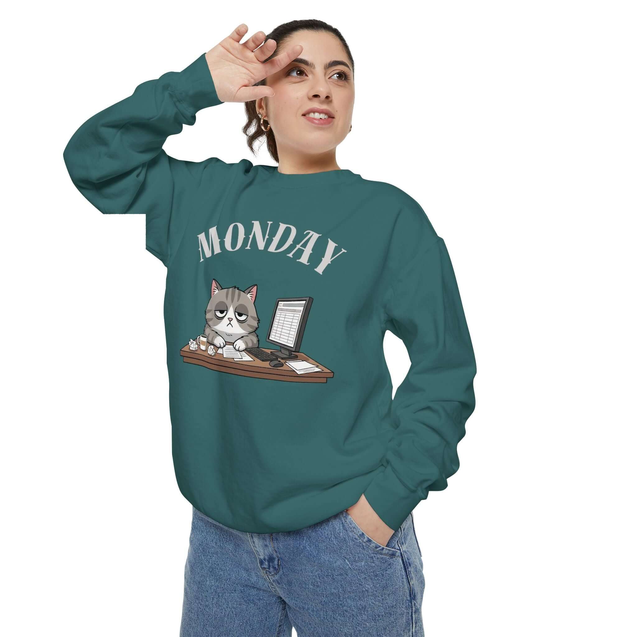 Monday Cat Face Unisex Crewneck Sweatshirt in Cheerful Colors