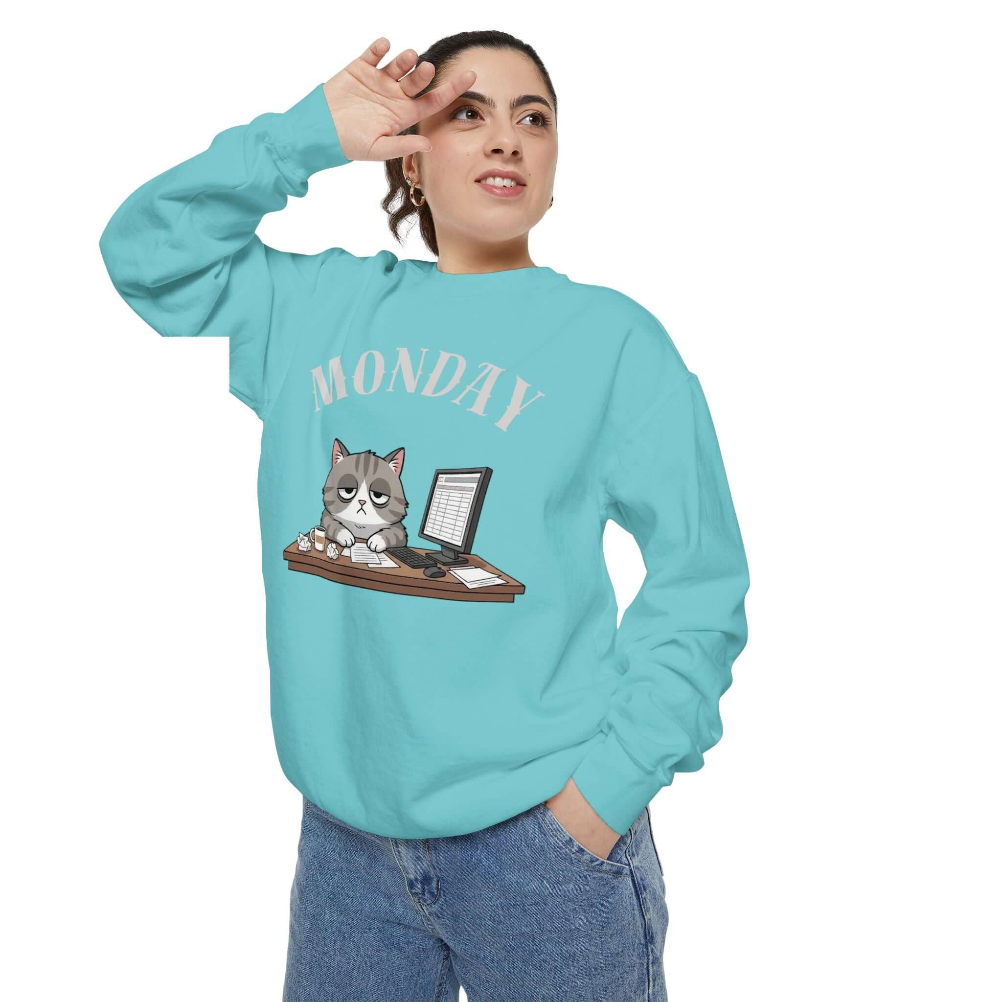 Monday Cat Face Unisex Crewneck Sweatshirt in Cheerful Colors
