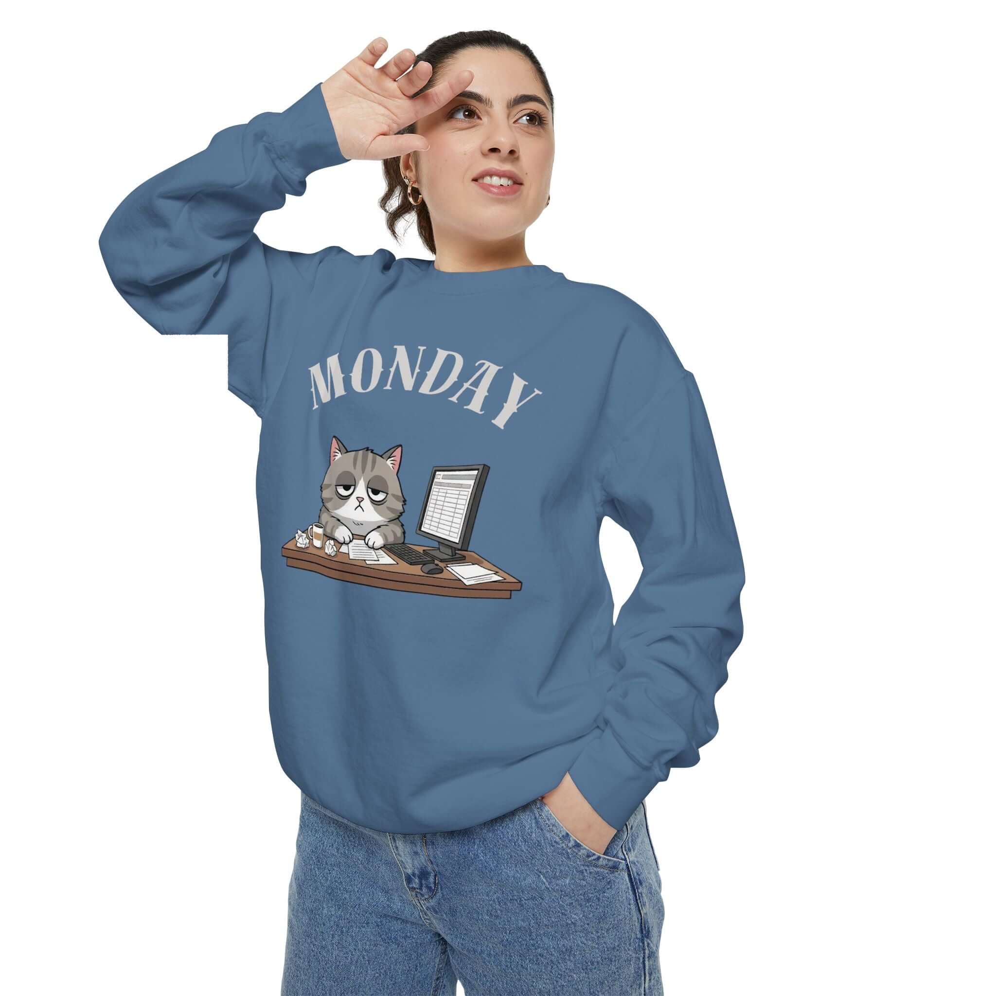 Monday Cat Face Unisex Crewneck Sweatshirt in Cheerful Colors