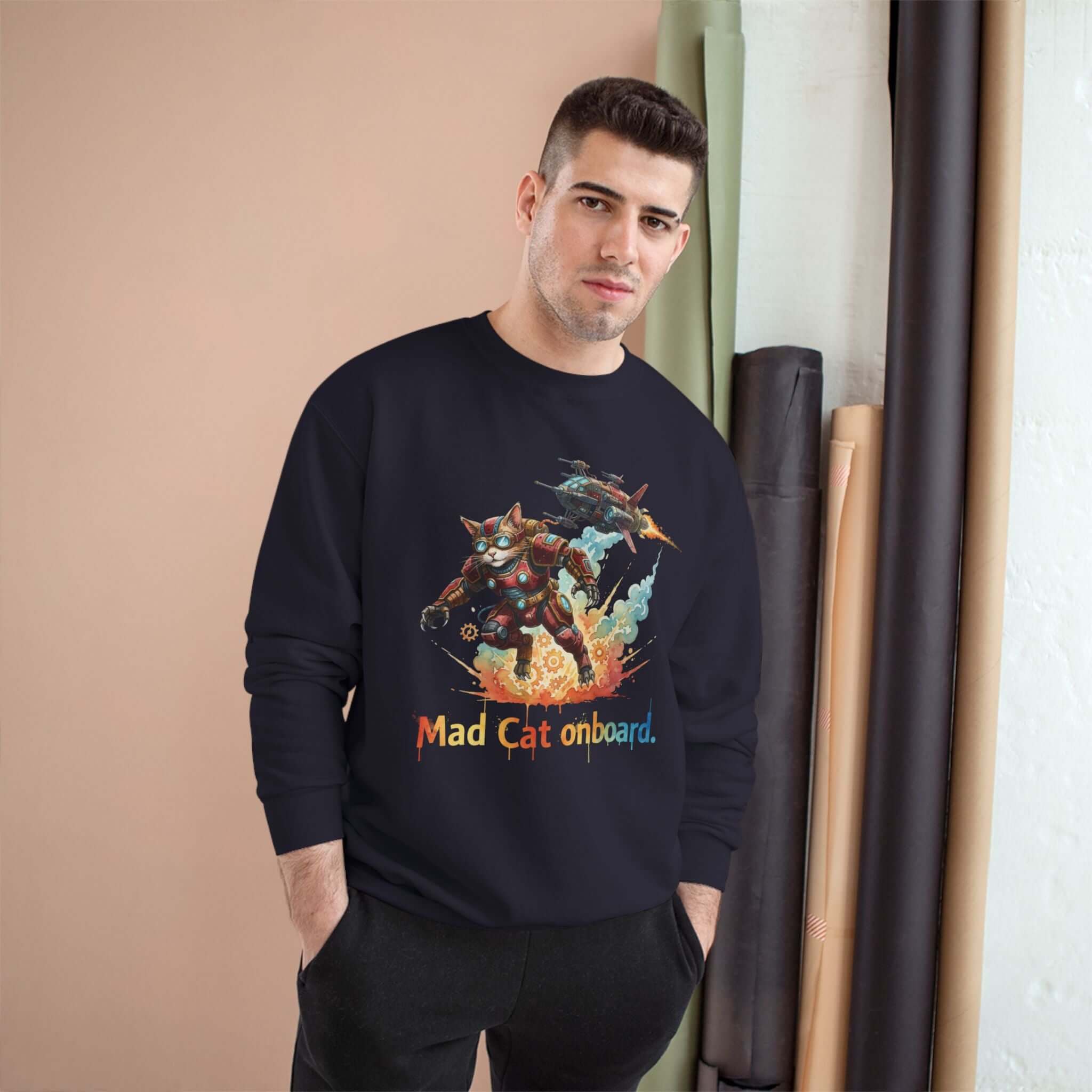Playful Mad Cat Crewneck Sweatshirt for Gamers and Sci-Fi Fans