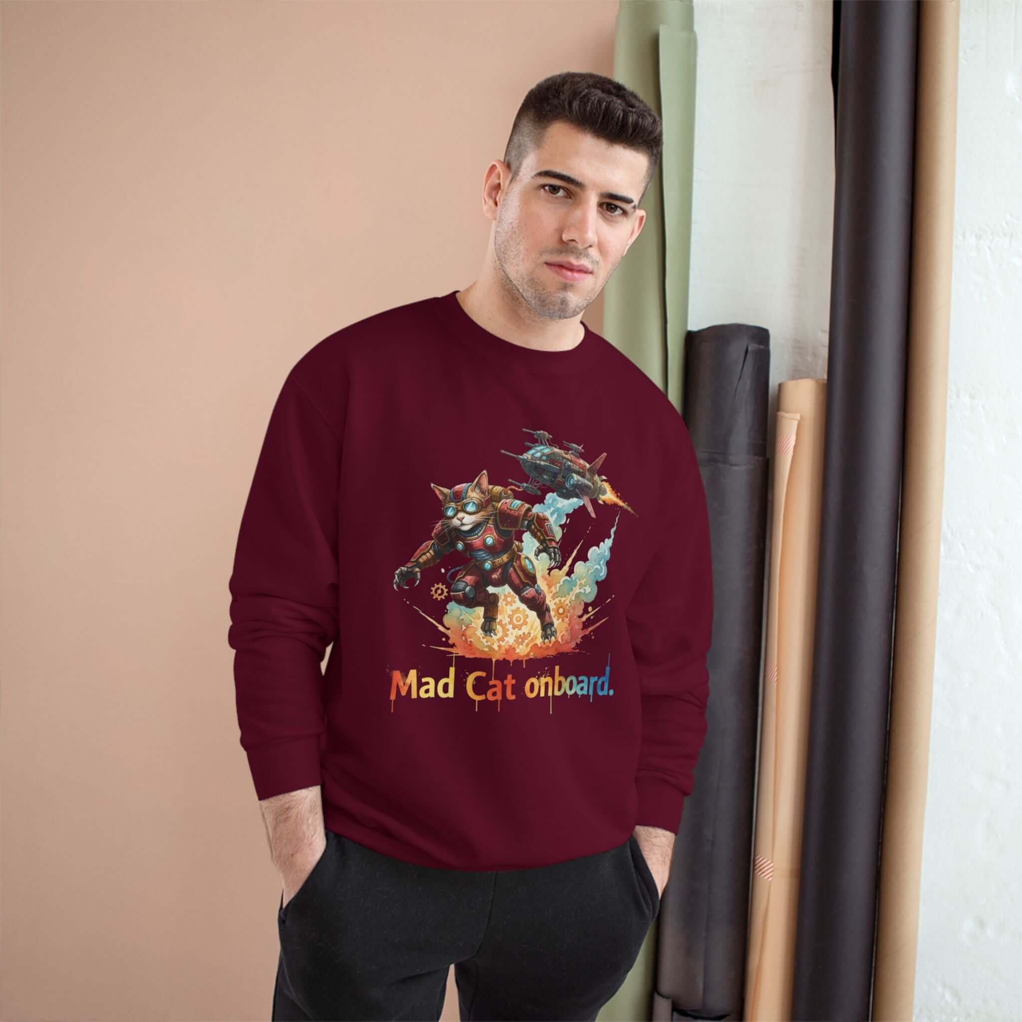 Playful Mad Cat Crewneck Sweatshirt for Gamers and Sci-Fi Fans