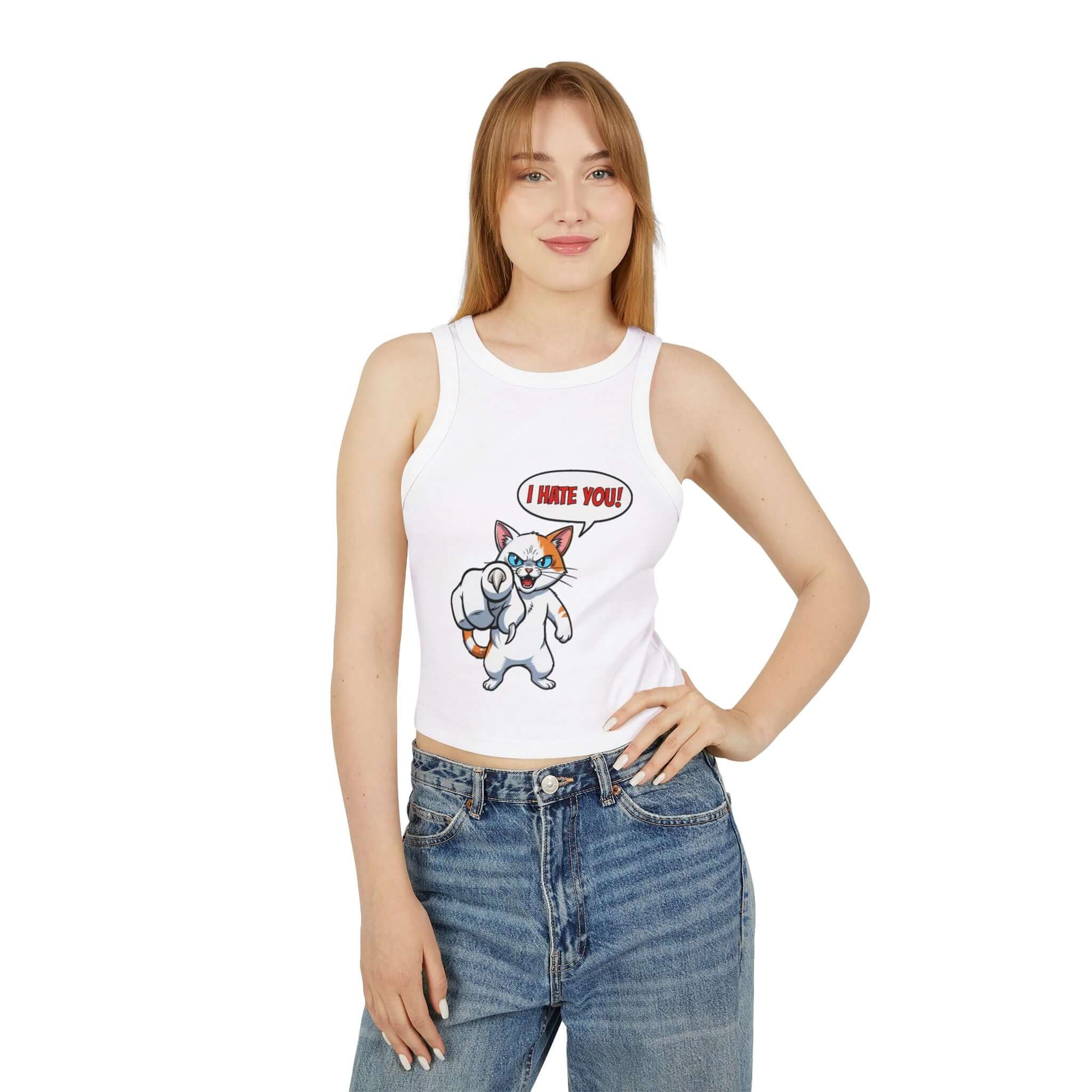 Angry Cat Cartoon Graphic Women Rib Racer Tank Top